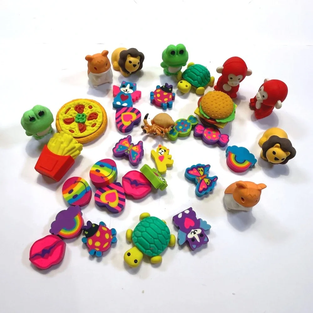 Novelty Eraser Lot 30+ Pc Animals Food Rainbows 3D Puzzle Erasers with Jar